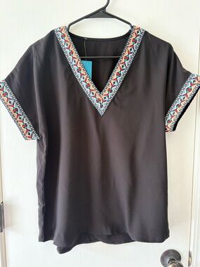 Cupshe NWT Size Small Black V-Neck Blouse with Colorful Embroidered Trim